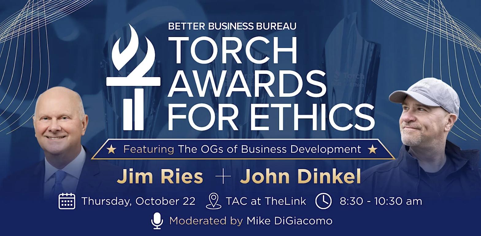 BBB Torch Awards for Ethics — event flyer featuring Jim Ries and John Dinkel