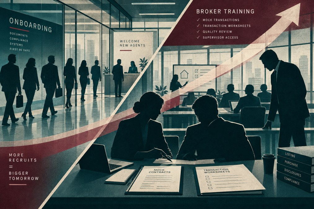 Illustration of new agents onboarding on one side and broker training with mock transactions and supervisor access on the other