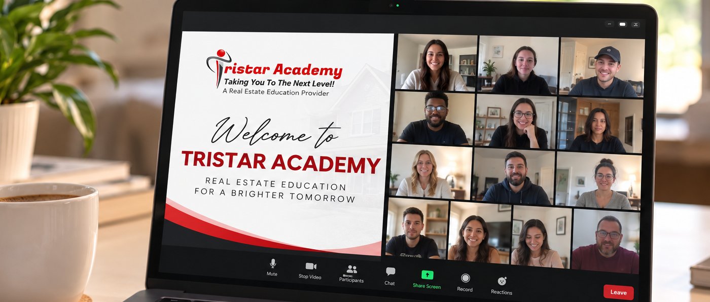 Tristar Academy live real estate class on Zoom with students on a laptop
